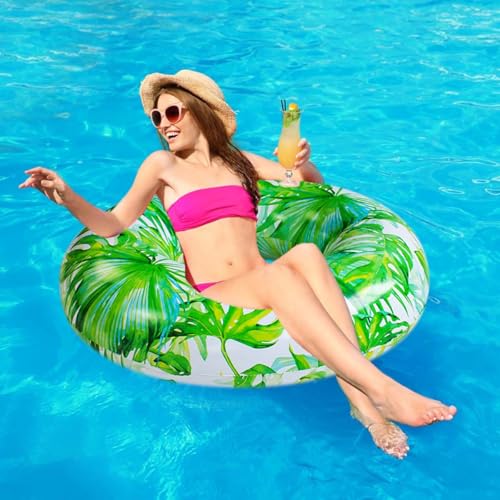 KASIYLUX Adult Pool Floats – Large Jungle-Leaf Inflatable Ring, 36in outer, 15in inner, supports up to 180 lbs