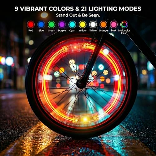 HANZE 2 Pack LED Bike Wheel Lights & Reflectors, 9 Colors, 21 Modes, USB Rechargeable