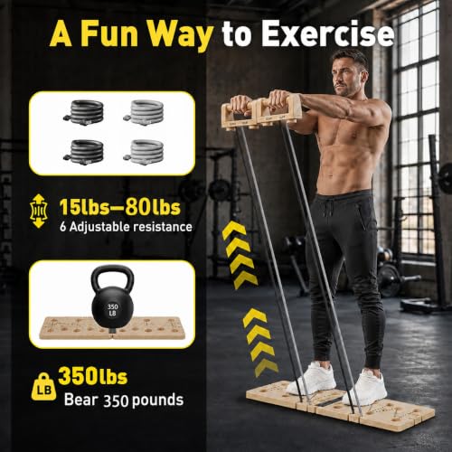 Adjustable Wooden Push Up Board with Resistance Bands - 350lbs Capacity