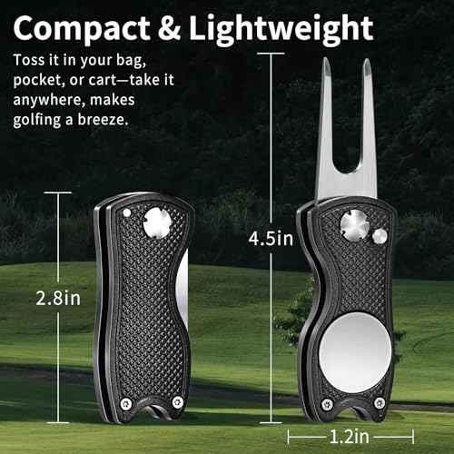 Foldable Golf Divot Repair Tool with Magnetic Ball Marker - Black