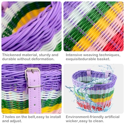 Rainbow Hand-Woven Oval Kids Bike Basket with Leather Straps