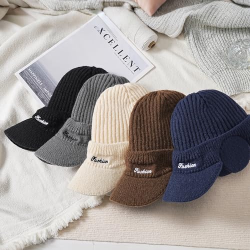 Winter Beanie Hat with Brim & Ear Flaps - Fleece Lined Black