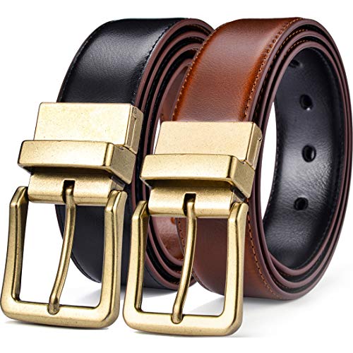 Reversible Leather Belt with Antique Gold Buckle - Black/Lt Brown 32-34