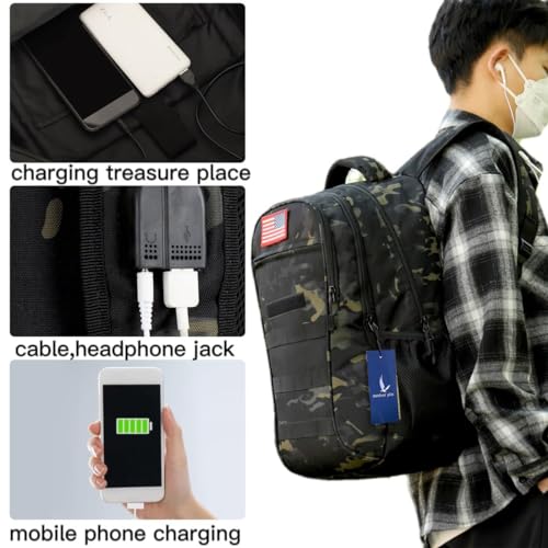 Outdoor Plus Black Camo 40L Tactical Boys School Backpack with USB Port