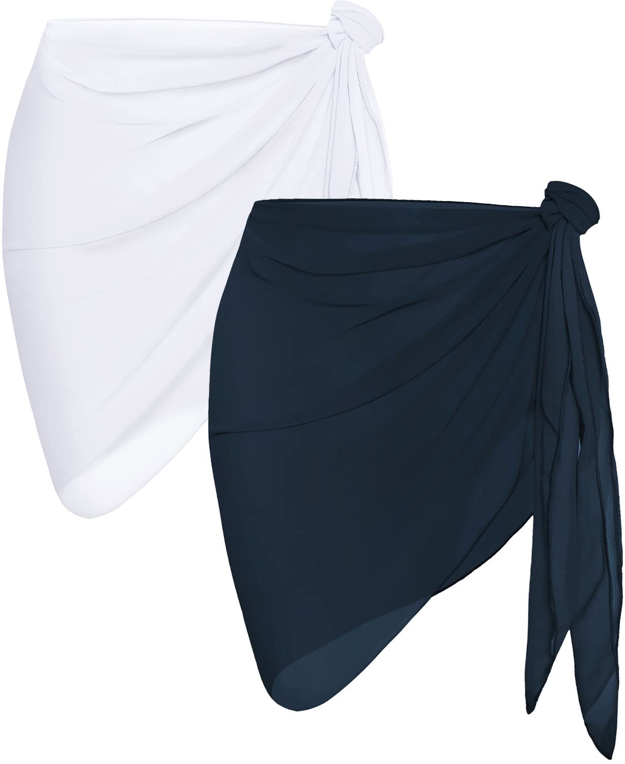 2 Pieces Sarong Cover Ups for Women Beach Bathing Suit Wrap Sheer Short Skirt Bikini Chiffon Scarf for Swimwear (White Navy Blue