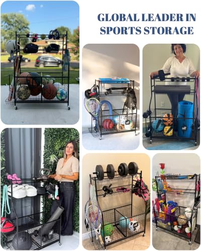 Rolling Sports Equipment Organizer with Bins and Hooks