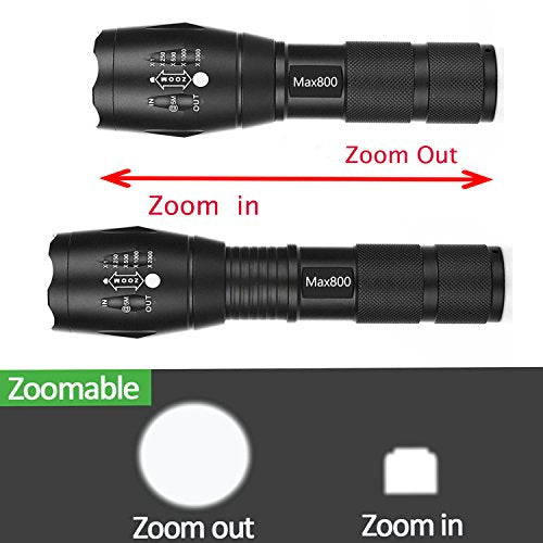 2 Pack LED Tactical Flashlight Water Resistant Military Grade 2000 Lumens 5 Modes Zoom Function Ultra Bright Torch