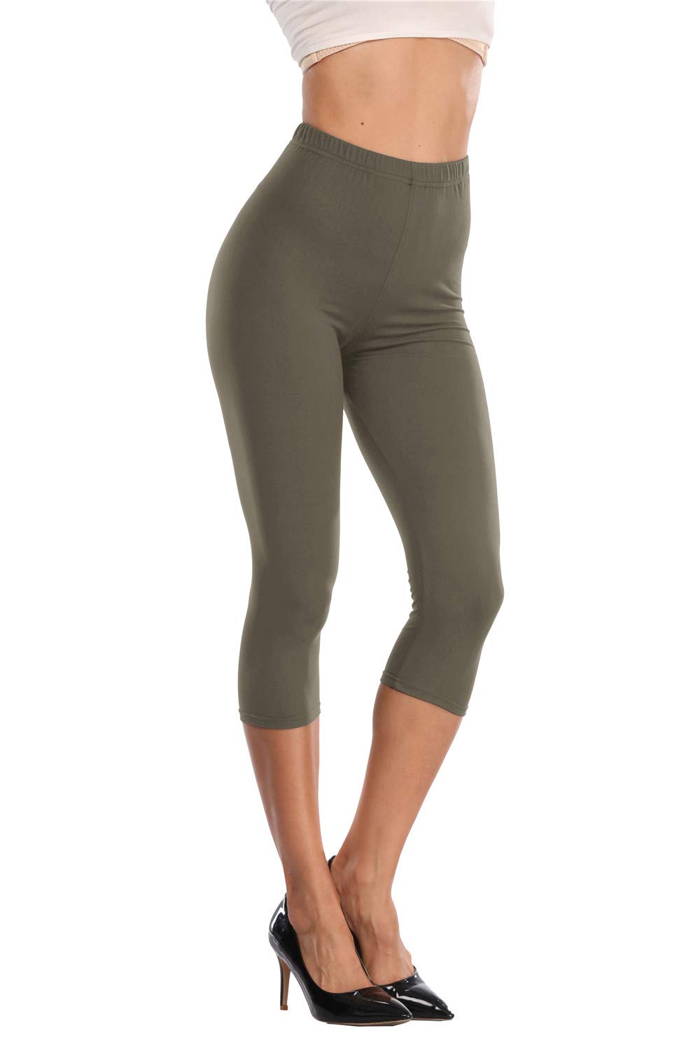 Women's Soft Capri Leggings 3/4 Cropped Leggings High Waisted Capris Tights,ArmyGreen