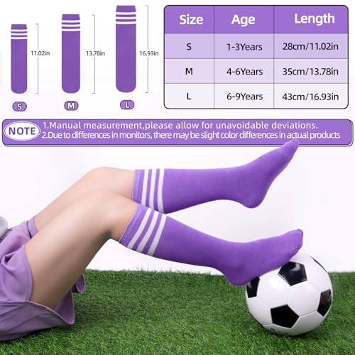 Kids Knee High Soccer Socks - 4 Pairs in Black, Purple, Pink, Blue - Seamless Toe