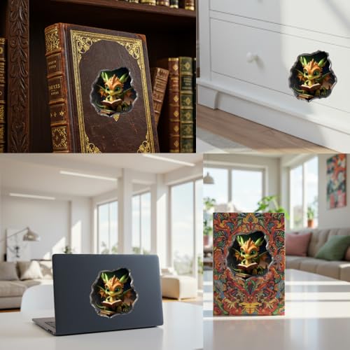Dragon Reading in Wall Hole Decal, 3D Wall Sticker, 5 in, Pack of 2 (Green)