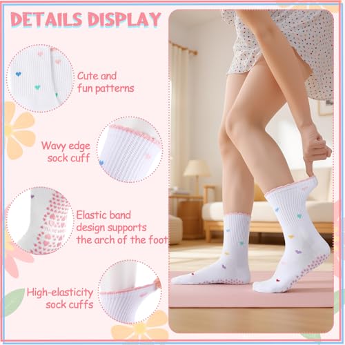 Women's Ruffle Pilates Grip Socks - Non-Slip Yoga Crew Socks - Pink/Blue