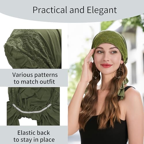 ZLYC Green Lace Pre-Tied Chemo Headwear Lightweight Beanie for Women