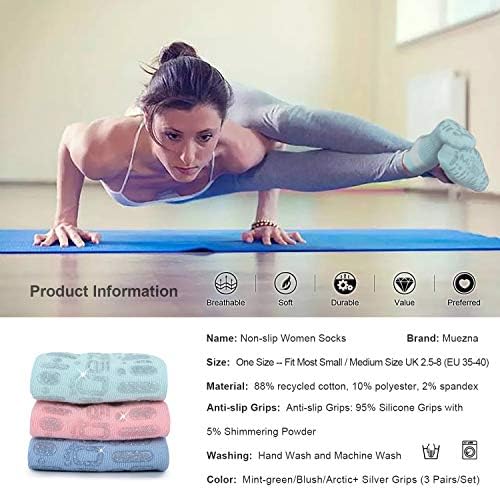 Muezna Pilates Socks Grippy Socks for Women, Non-Slip Yoga Socks 3 Pairs - Mint/Blush/Arctic + Silver Grips
