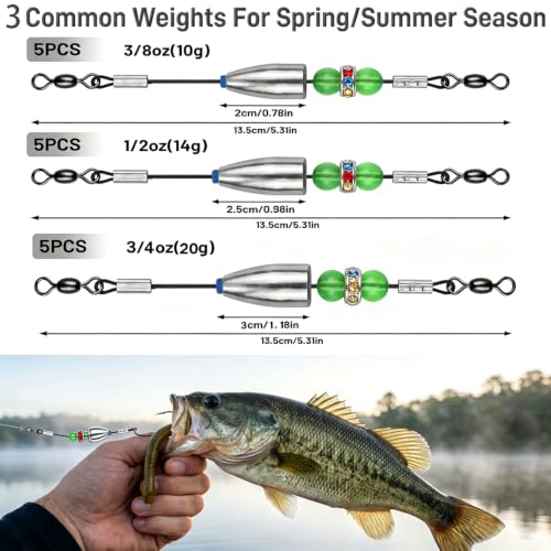 Carolina Rig Fishing Set - Pre-Rigged 3/8oz Rigs with Weights & Beads - 5 Pack
