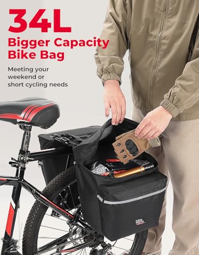 34L Waterproof Bike Pannier Bag with Rain Cover - Black
