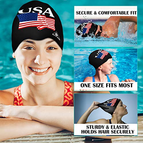 Latex Swim Cap - USA Black - One Size - Keeps Hair Dry & Comfortable