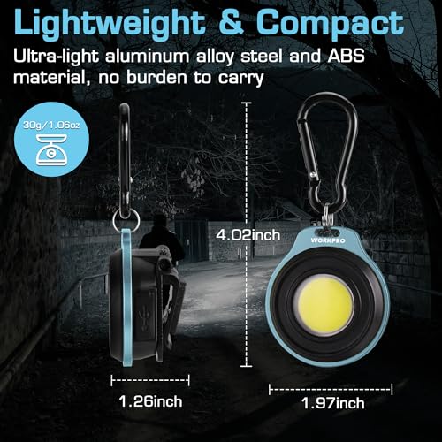 WORKPRO COB Keychain Work Light, 3Pcs EDC Rechargeable Mini Keychain Flashlight, Magnetic Carabiner Flashlight with Hat Clip, 3 Light Modes Emergency Light for Running, Hiking and Fishing, Multicolor