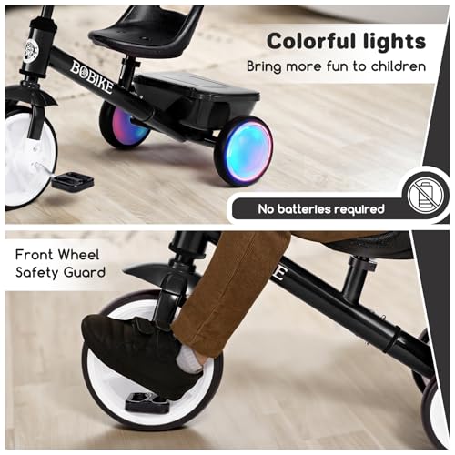 Bobike Black Toddler Tricycle with Glowing LED Wheels, Adjustable Seat & Rear Basket