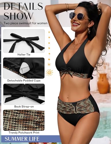 High Waisted Bikini Set - Women's Halter V-Neck 2 Piece - Medium Black