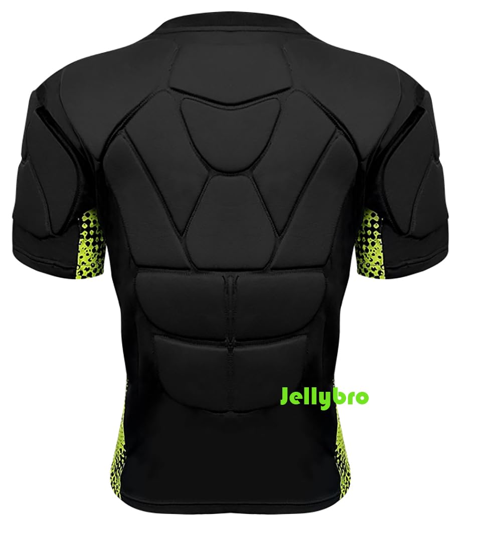 Jellybro Mens Padded Football Shirts 37-Pads Womens Protective Compression Shirt for Soccer Rugby Volleyball Ball (Black, Small)