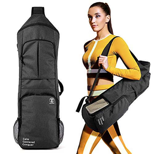 Yoga Mat Bag Carrier with Pockets & Water Bottle Holders - Black