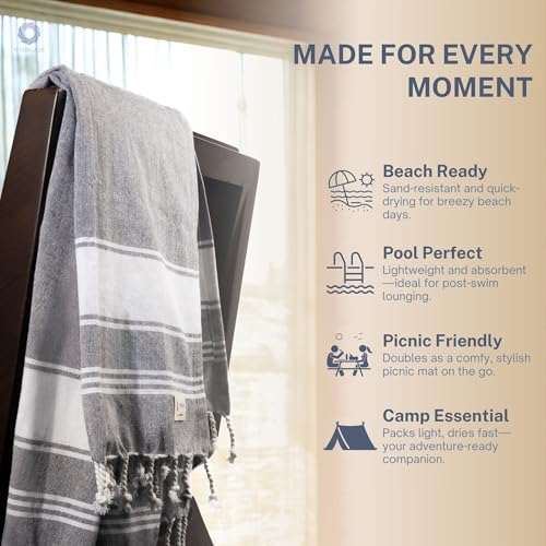 9Threads Grey 2-Pack Oversized Turkish Beach Towels 36x72 Inches - Quick Dry Sand-Resistant Travel Pool Towels