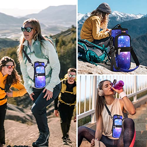 AUPET 32oz Insulated Water Bottle Sling Bag Carrier with Pockets & Strap - Purple Starry Sky