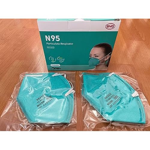 BYD Green Particulate Respirator Model DE2322 (Approval Number TC-84A-9315) 100 Pack (5-Box) w. Individually Wrapped,Breathable Disposable Foldable Safety Mask w. Head Strap & Nose Wire for Tight Fit