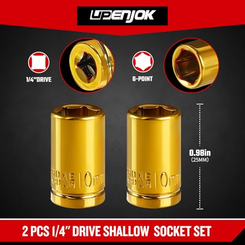 2-Pack 1/4" Drive 10mm Shallow Socket Set - Gold Plated CR-V Steel, 6-Point Design, Anti-Corrosion, for Automotive & DIY