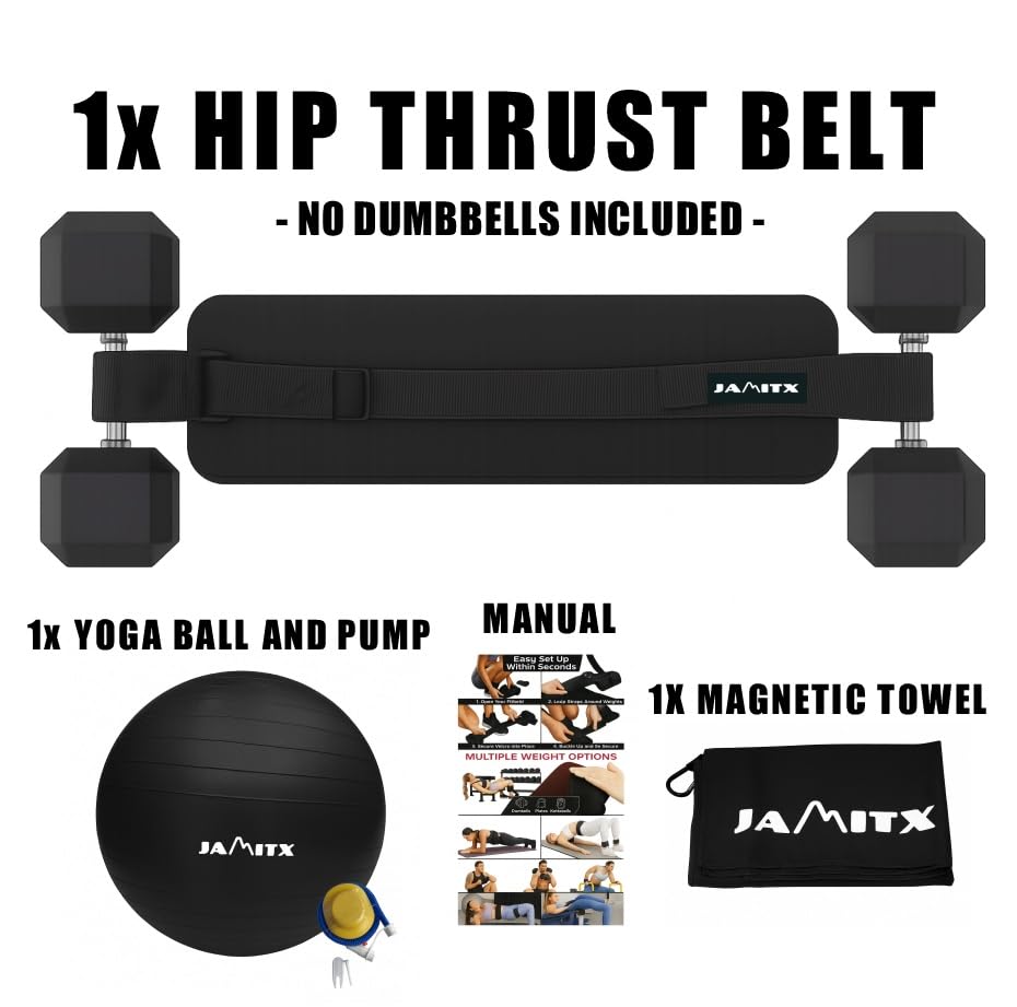 Hip Thrust Belt for Dumbbells - Booty Trainer & Glute Workout Equipment - Booty Belt for Hip Thrust - Yoga Ball - Magnetic Towel – at Home Gym Essentials for Women