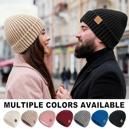 HONGTEYA 3 Pack Winter Beanie Hats for Men Women - Thermal Plush Lined Knit Caps in Khaki Gray Black, One Size