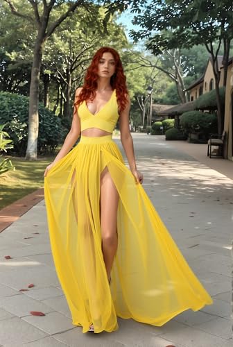Women Yellow Medium 2-Piece Chiffon Dress & Skirt Set - Deep V Crop Top & High Split Maxi