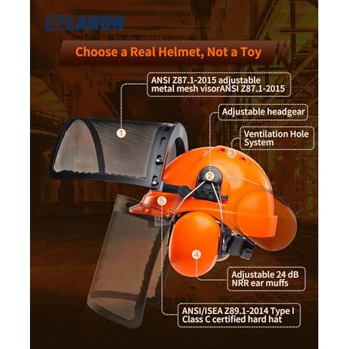 LANON Industrial Forestry Safety Helmet Protection System, ANSI Approved Chainsaw Hard Hats with Adjustable Ear Muffs & Face Shield Visor, 6 Point Adjustable Ratchet Suspension, Class C, Orange