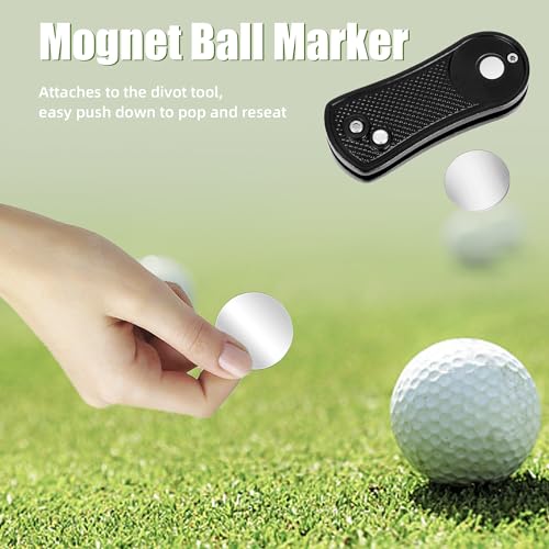 Golf Divot Repair Tool - Metal Foldable with Pop-up Button & Magnetic Ball Marker - Black Undulate