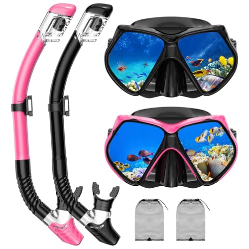 Snorkeling Gear Set for Adults - Dry-Top Snorkel & Mask - Black+Pink