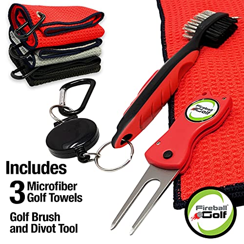 Fireball Golf Towel Gifts Set - Red, 3 Microfiber Towels & Accessories for Men, Women, Kids