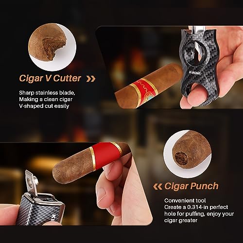 Kirenp Carbon Fiber All-in-One Cigar Lighter Set with V Cutter & Punch