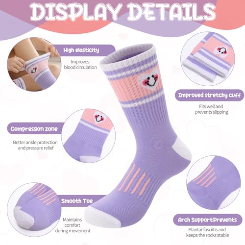 Girls Athletic Crew Socks - 6-Pack Cotton Sports Socks - Heart Stripe