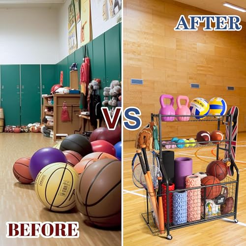 Rolling Sports Equipment Organizer with Bins and Hooks