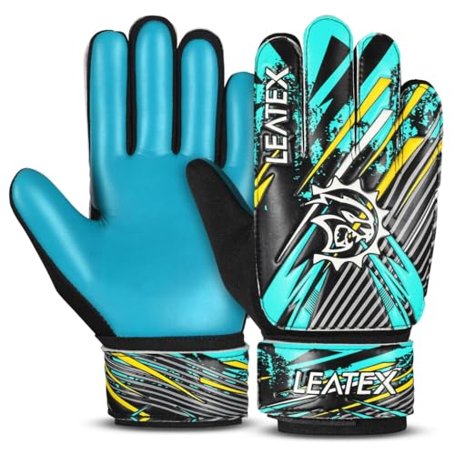 Soccer Goalie Gloves for Kids - Size 4 Cyan with Double Wrist Protection