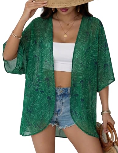 Floral Chiffon Kimono Cardigan - Women's Beach Cover Up - Green, Small