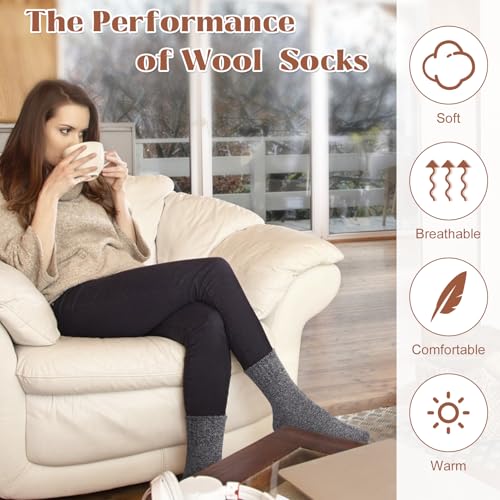 Wool Socks for Women - 5 Pairs in Green, Orange, Yellow, Brown, Grey, Blue