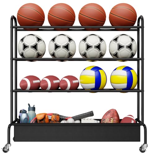 MWQ 4-Tier Basketball Rack Rolling Storage Cart for Basketballs, Footballs & Soccer - Indoor/Outdoor