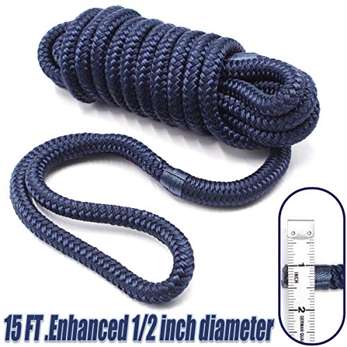 Marine-Grade Double-Braided Nylon Dock Lines - 4 Pack, 1/2” x 15’ with Eyelets, Navy Blue