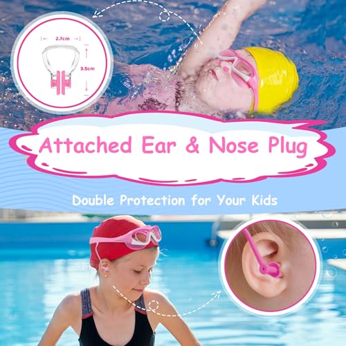 Pink Kids Swim Goggles for Ages 3-12 with Ear & Nose Plugs, Wide View Anti-Fog No Leak - 1 Pack