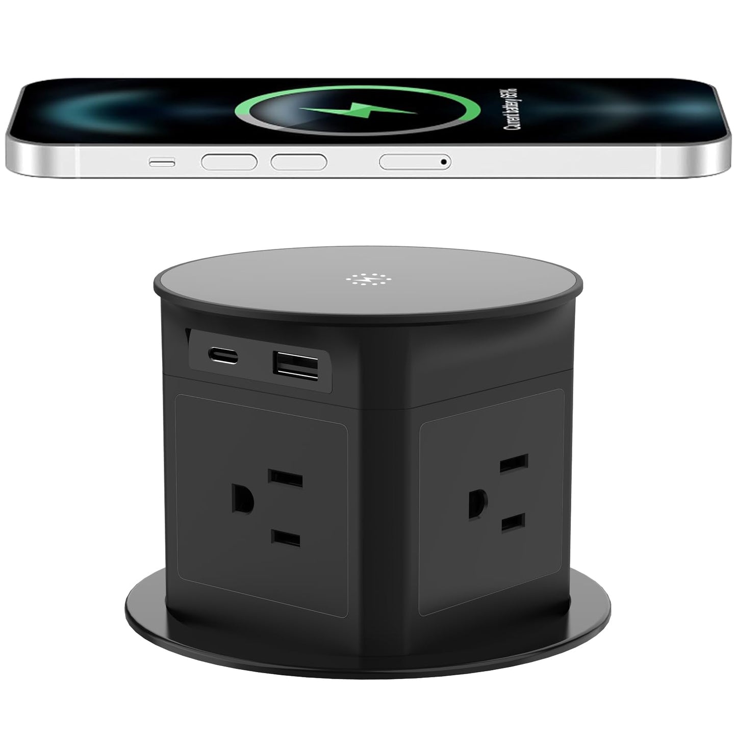 Pop up Outlet for Countertop with 15W Wireless Charger,4 Outlets 1 PD20W USB-C Ports,1QC18W USB-A,3.94 inch Desk Hole Power Grommet,Pop Up Power Outlet for Kitchen Countertop,Office Desktop (Black)