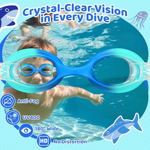 Vvinca Kids Swim Goggles Shark Blue / Adventure - Toddler Pool Goggles with Fabric Strap, No Tangle, 2-8 Years