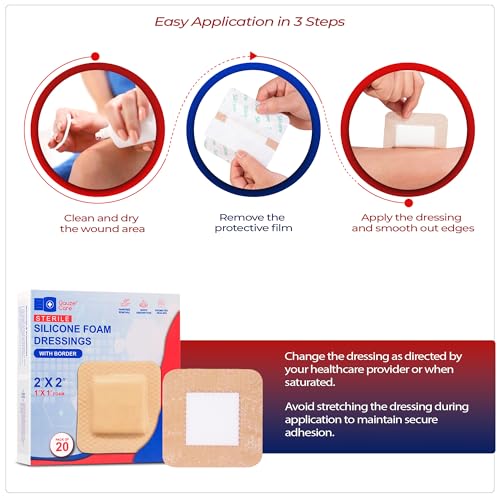 GauzeCare Silicone Foam Dressing 2x2 Inch, 20 Pack – Waterproof Self-Adhesive Wound Bandages