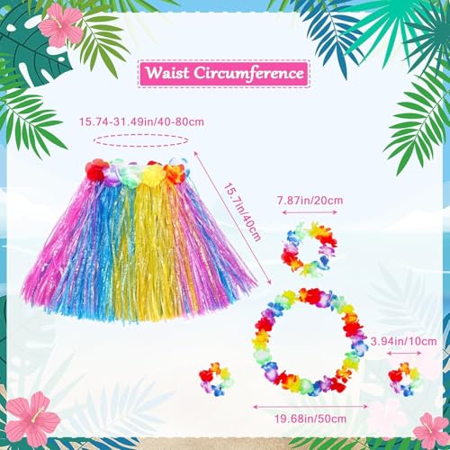 Fortuning's JDS Girl Elastic Hawaiian Hula Skirt Set with Flower - Blue/Yellow/Pink