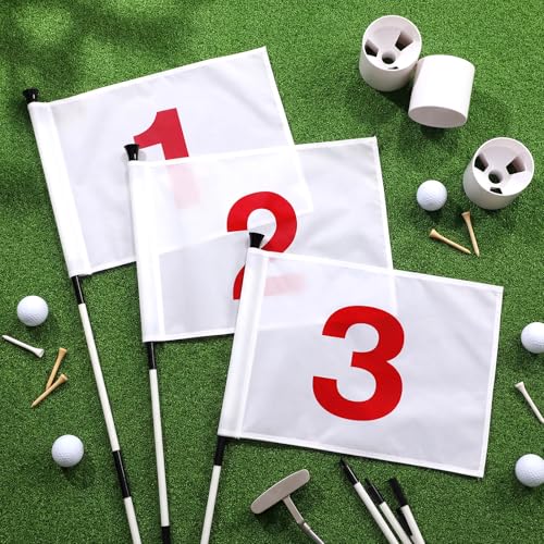 Burbell White 6ft Golf Flag Stick Set with 3 Nylon Flags and Hole Cups - Backyard Practice Accessories